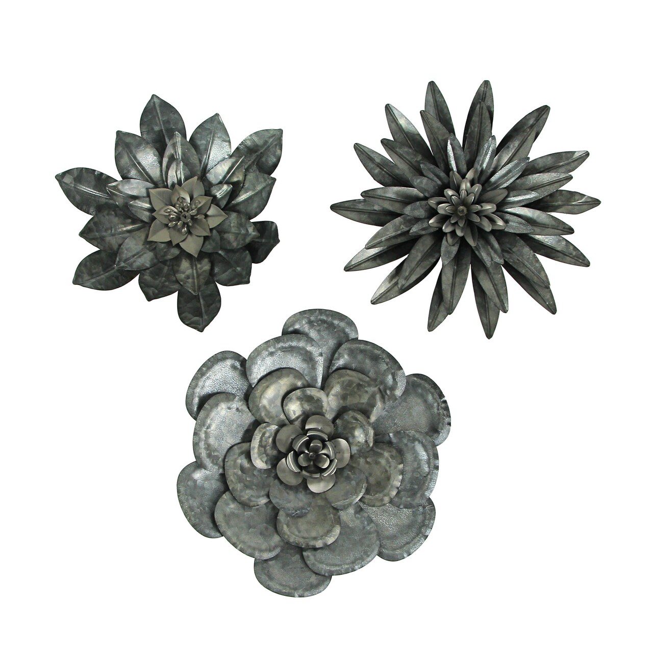 Set of 3 Galvanized Metal Flower Sculptures Wall Hanging Home Decor Floral Art